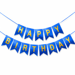 Гирлянда Флажки, Happy Birthday, Синяя/Золото, Голография, 500 см, 1 уп.